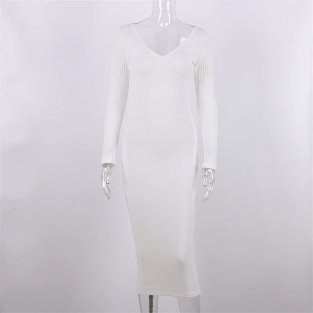 "ANGORA" Ribbed knit midi longsleeve dress in White